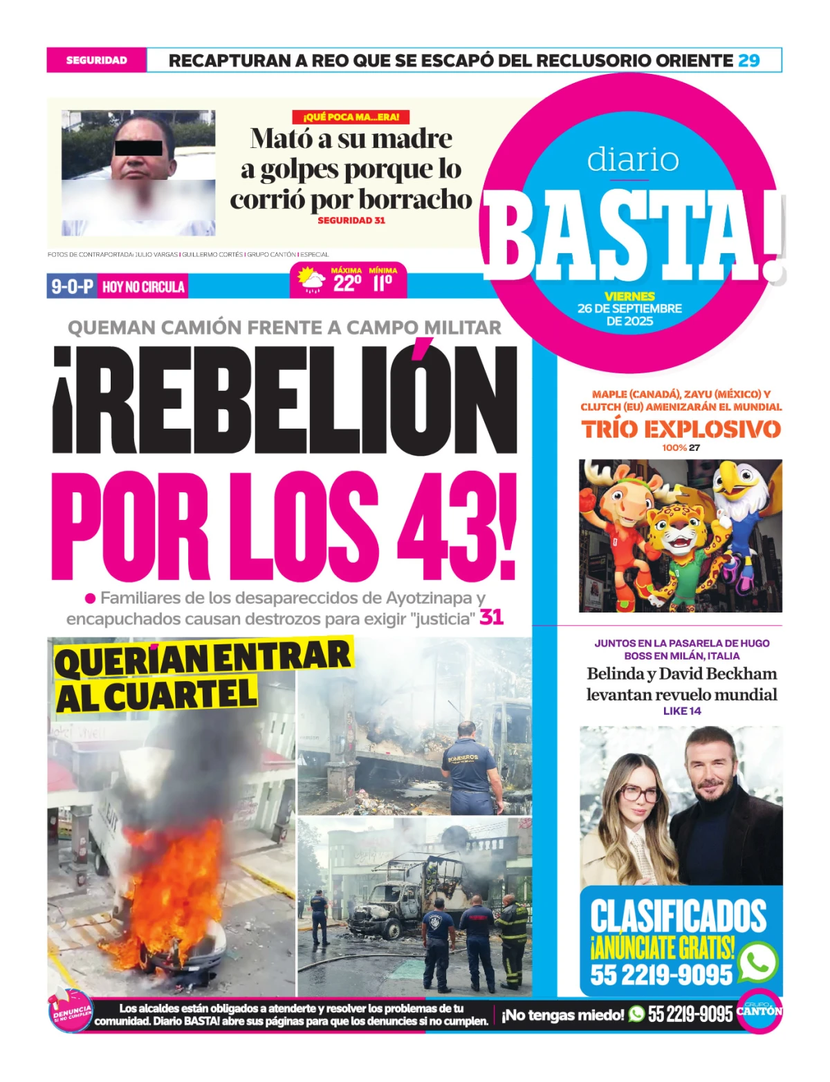Portada de Basta! (contraportada ) del viernes, 26 de septiembre de 2025