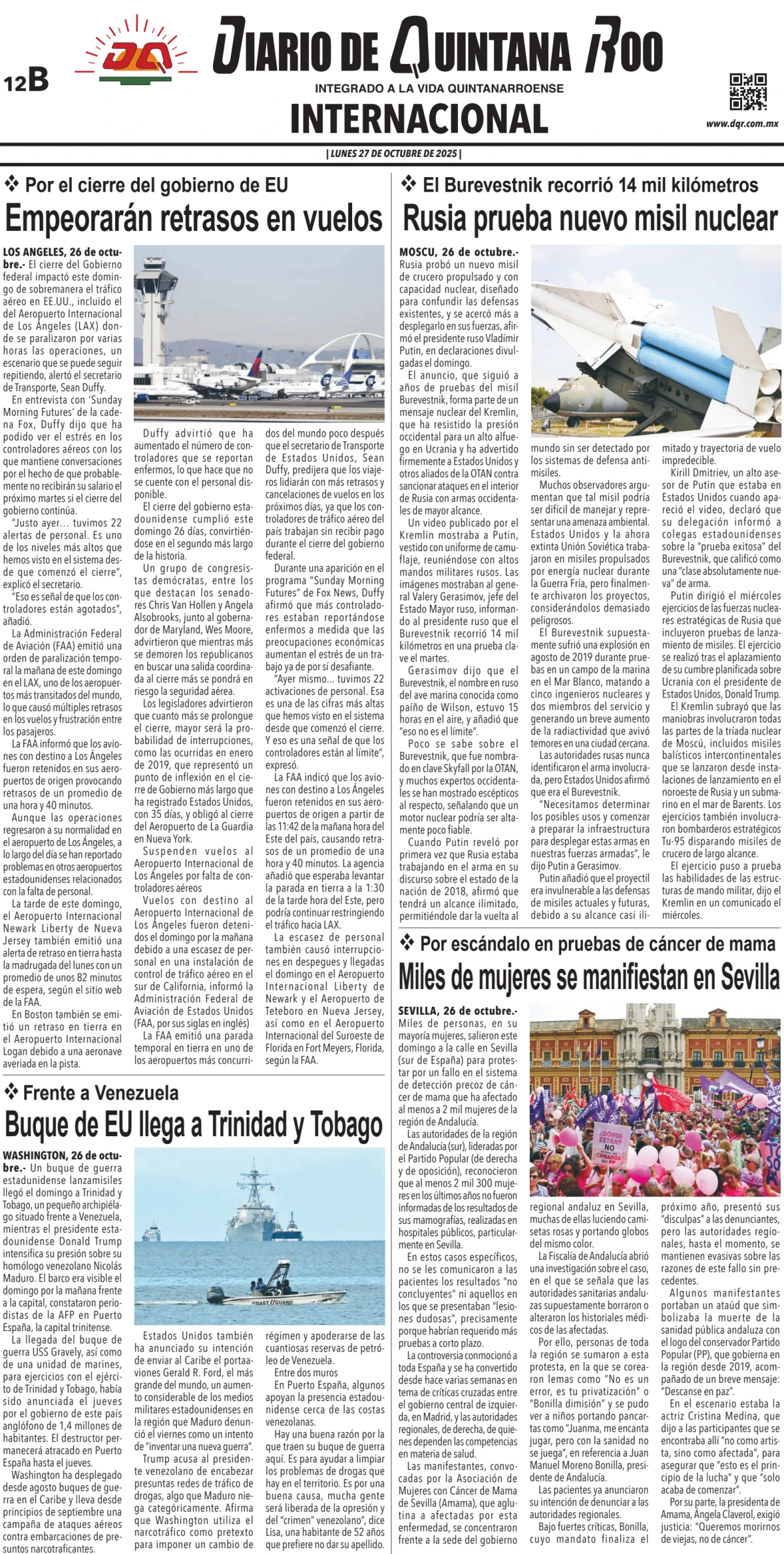 Portada de Diario de Quintana Roo (contra Portada) del lunes, 27 de octubre de 2025