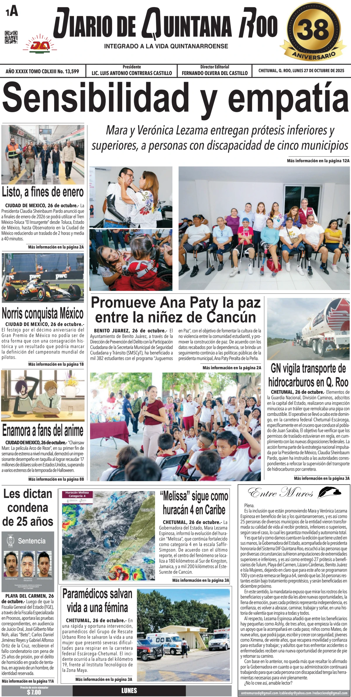 Portada de Diario de Quintana Roo (portada) del lunes, 27 de octubre de 2025