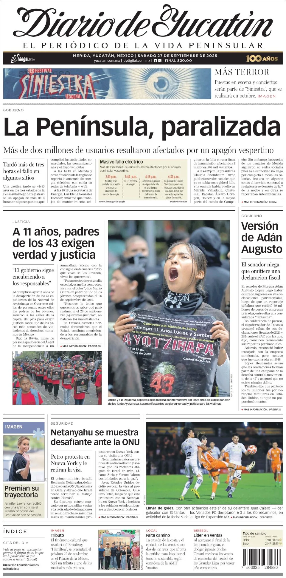 Portada de Diario de Yucatán del sábado, 27 de septiembre de 2025