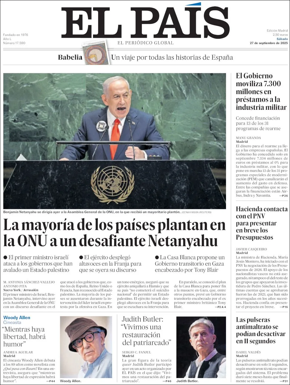 Portada de El Pais del sábado, 27 de septiembre de 2025