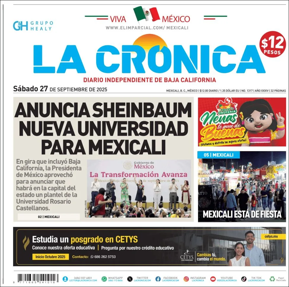 Portada de La Cronica del sábado, 27 de septiembre de 2025