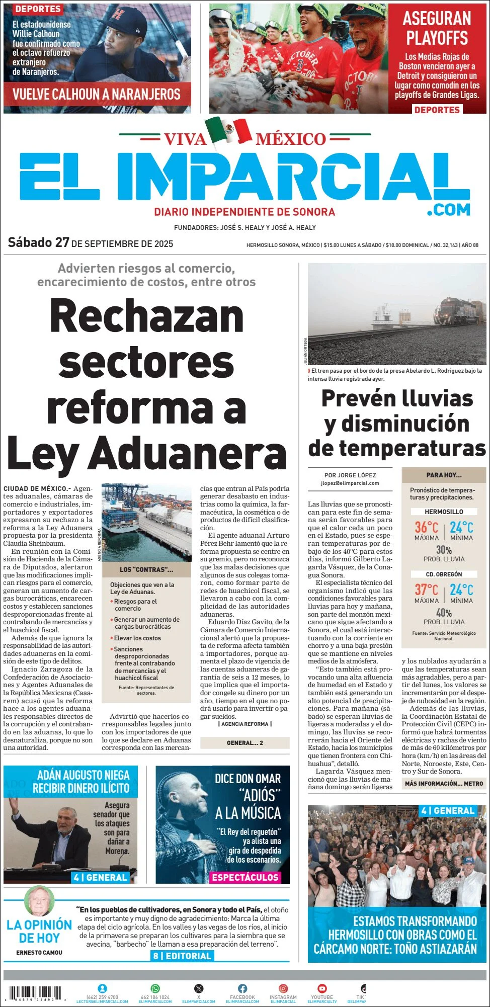 Portada de El Imparcial del sábado, 27 de septiembre de 2025