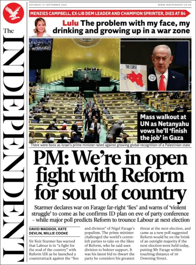 Portada de The Independent del sábado, 27 de septiembre de 2025