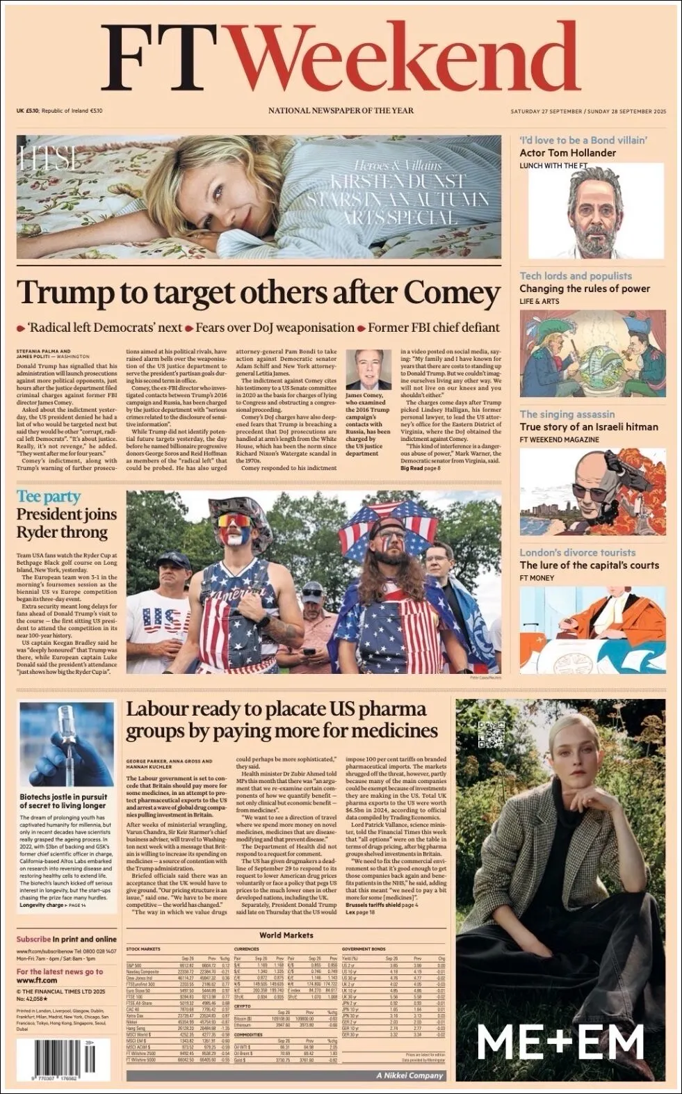 Portada de Financial Times del sábado, 27 de septiembre de 2025