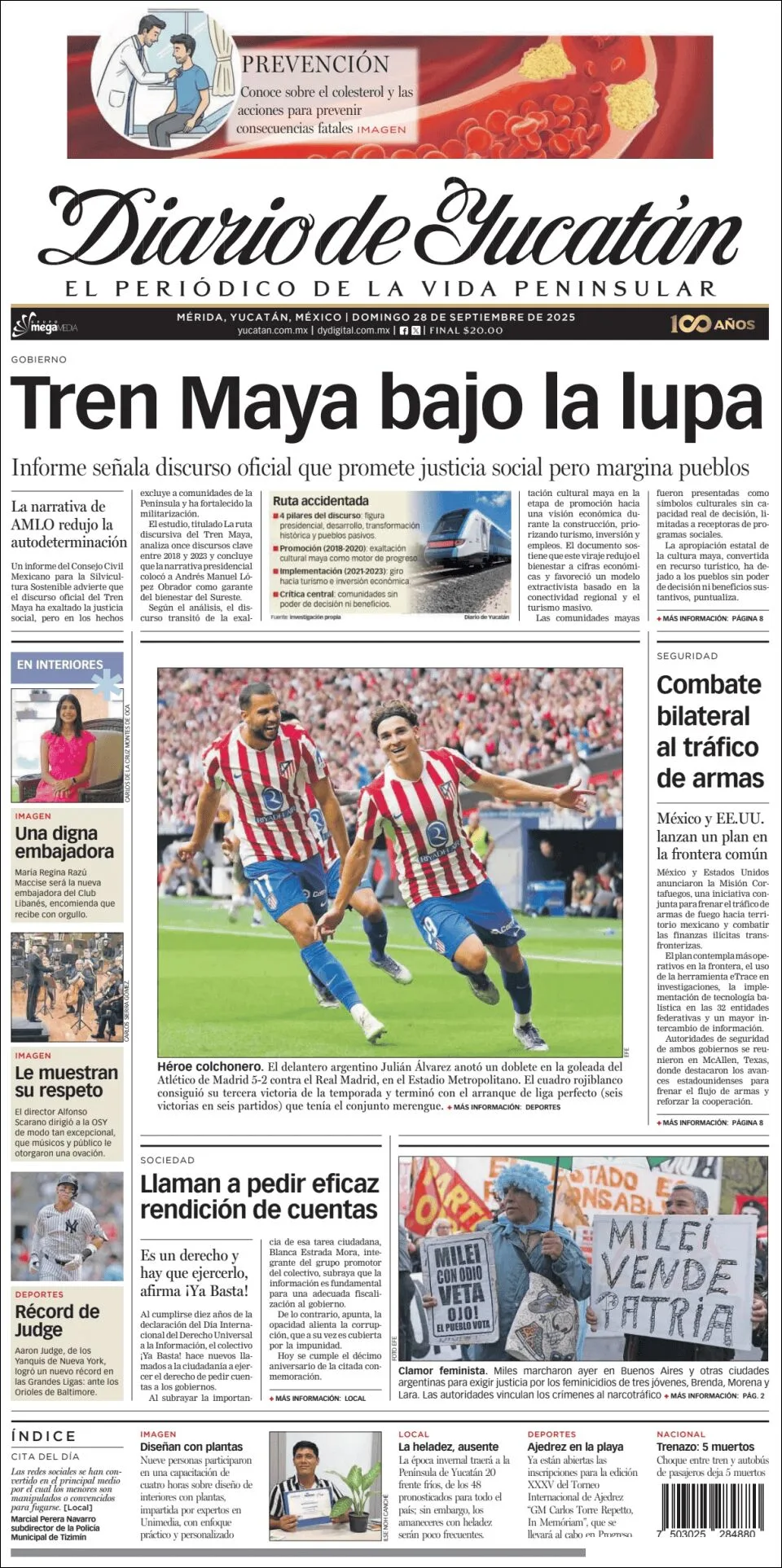Portada de Diario de Yucatán del domingo, 28 de septiembre de 2025