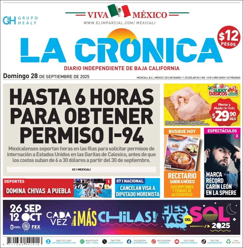Portada de La Cronica del domingo, 28 de septiembre de 2025