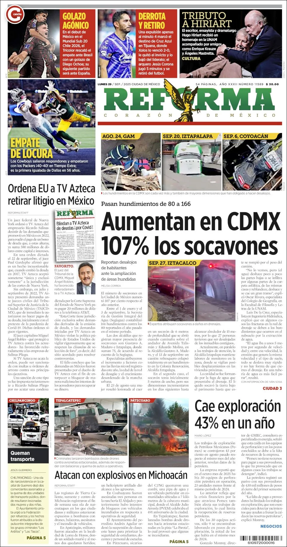 Portada de Reforma del lunes, 29 de septiembre de 2025