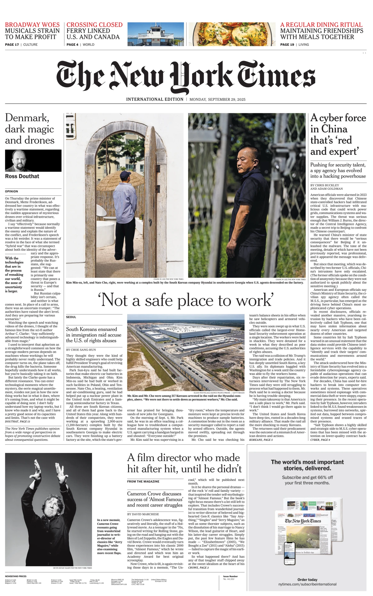 Portada de The New York Times (international) del lunes, 29 de septiembre de 2025