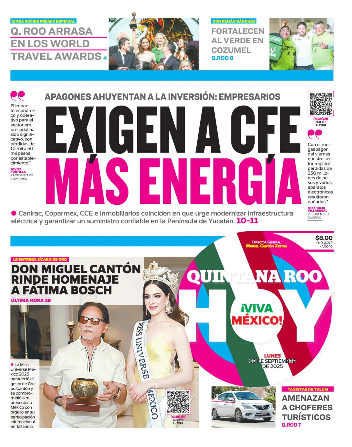 Portada de Quintana Roo Hoy (portada) del lunes, 29 de septiembre de 2025
