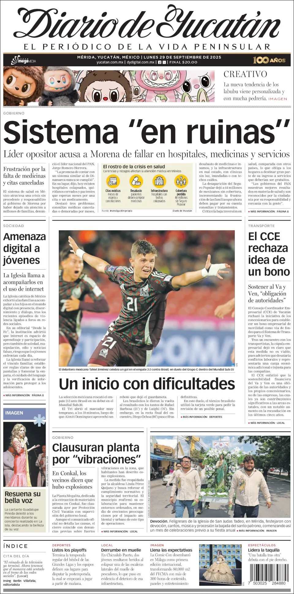 Portada de Diario de Yucatán del lunes, 29 de septiembre de 2025