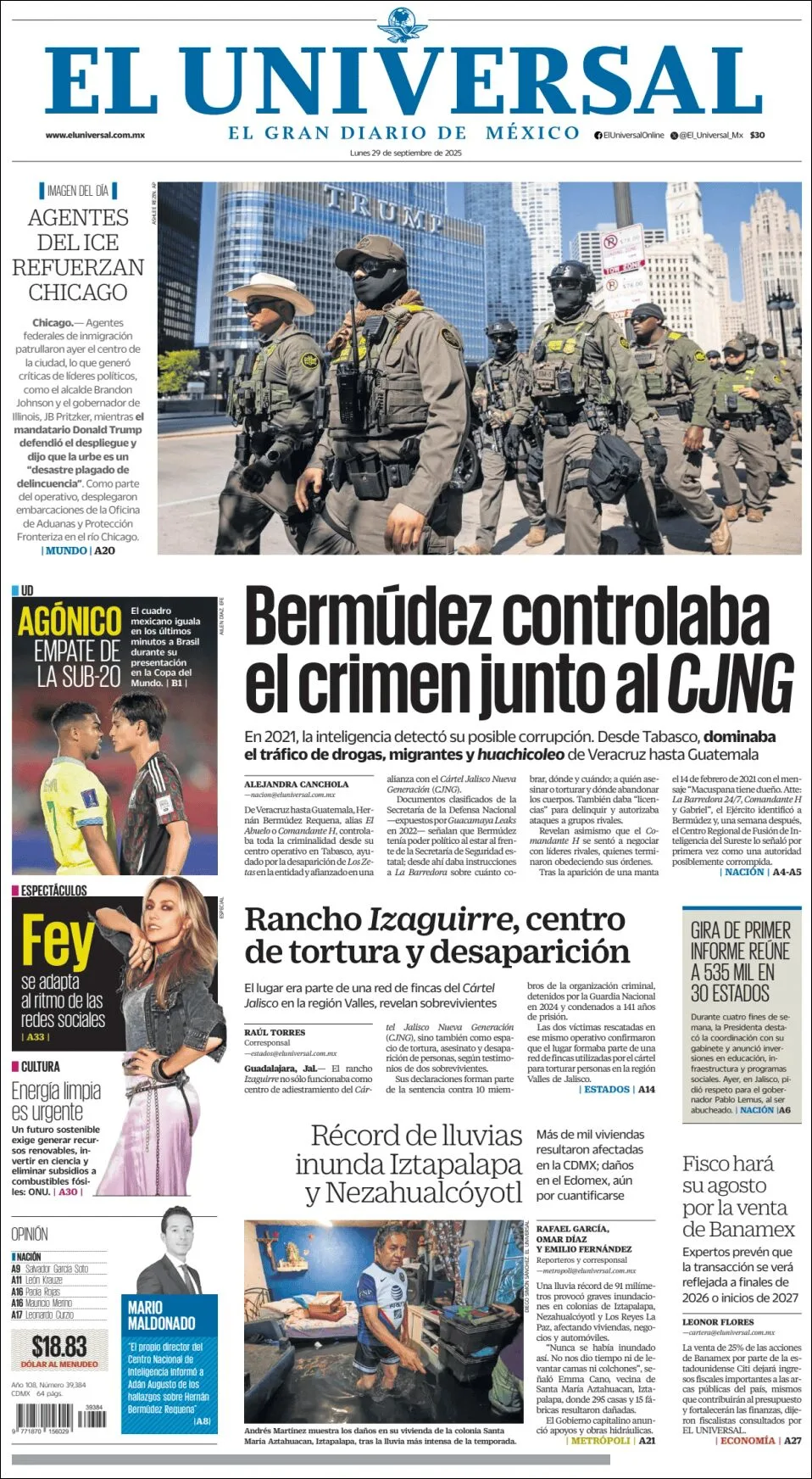 Portada de El Universal del lunes, 29 de septiembre de 2025