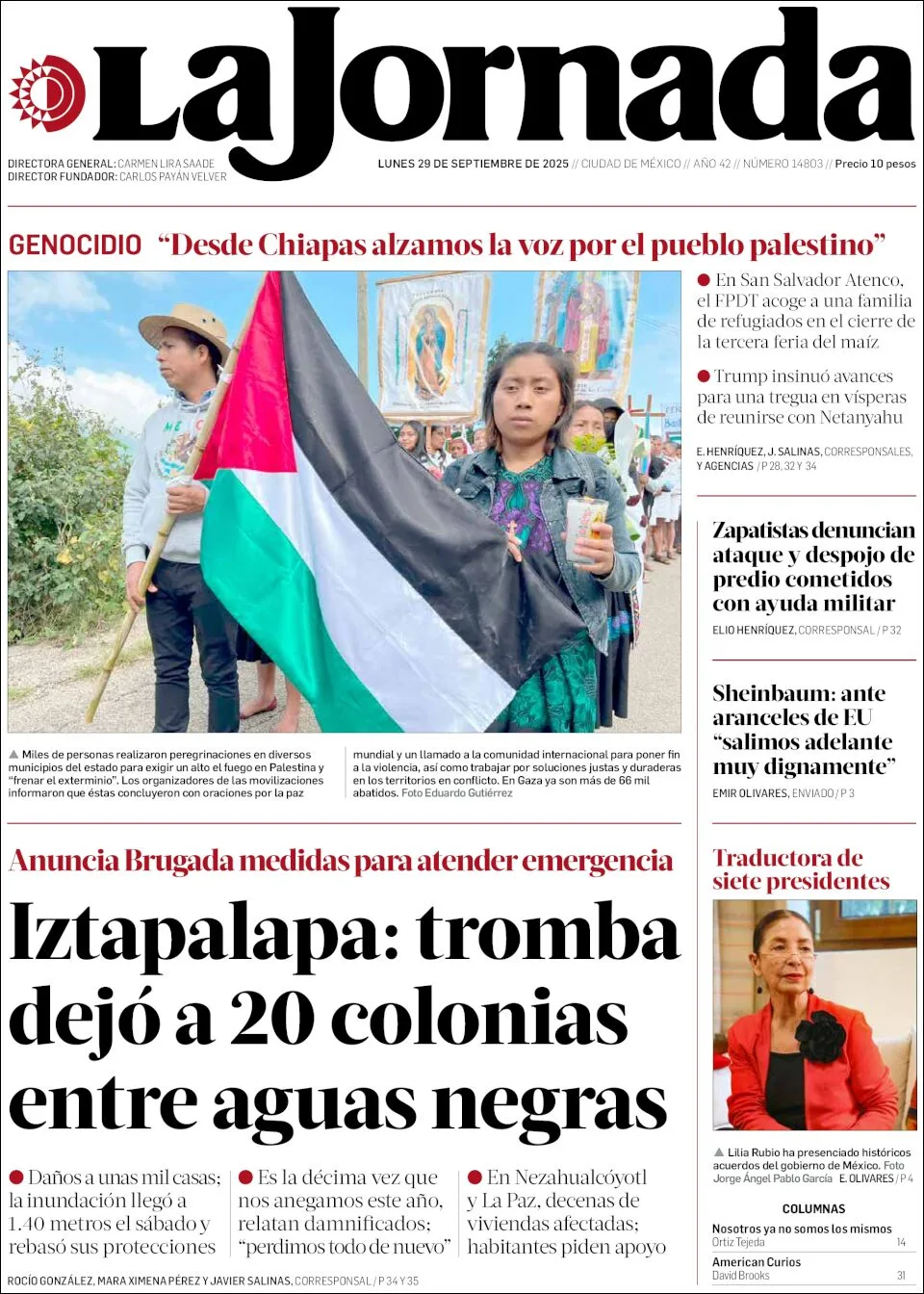 Portada de La Jornada del lunes, 29 de septiembre de 2025