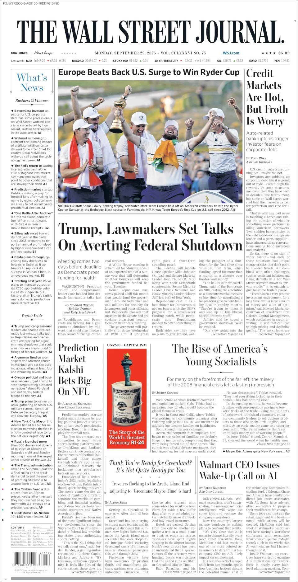 Portada de The Wall Street Journal del lunes, 29 de septiembre de 2025