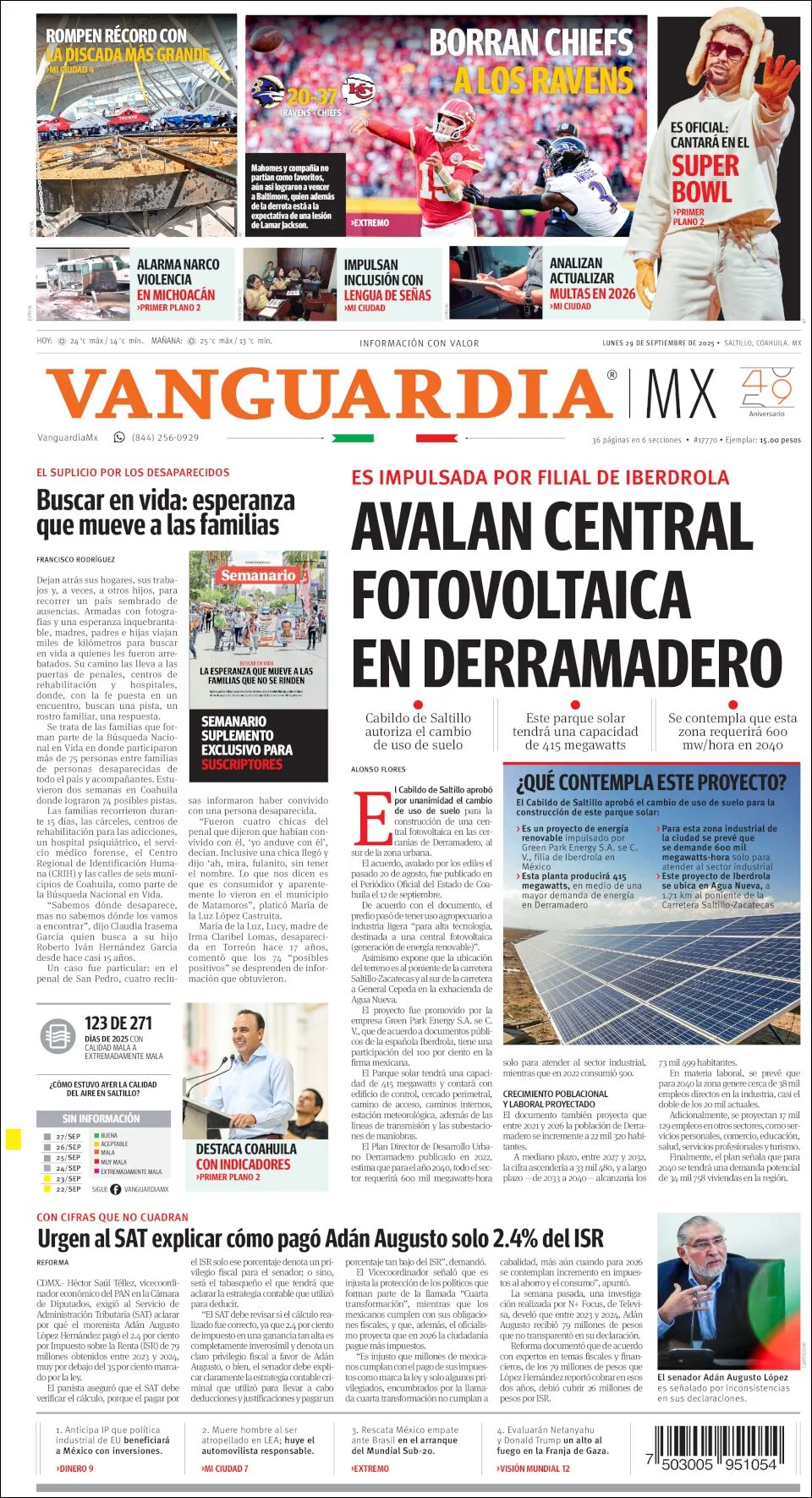 Portada de Vanguardia del lunes, 29 de septiembre de 2025