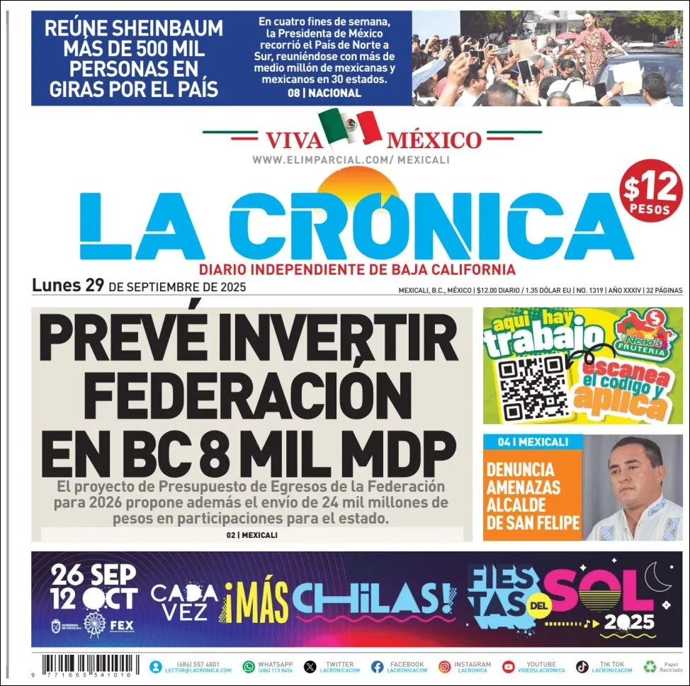 Portada de La Cronica del lunes, 29 de septiembre de 2025