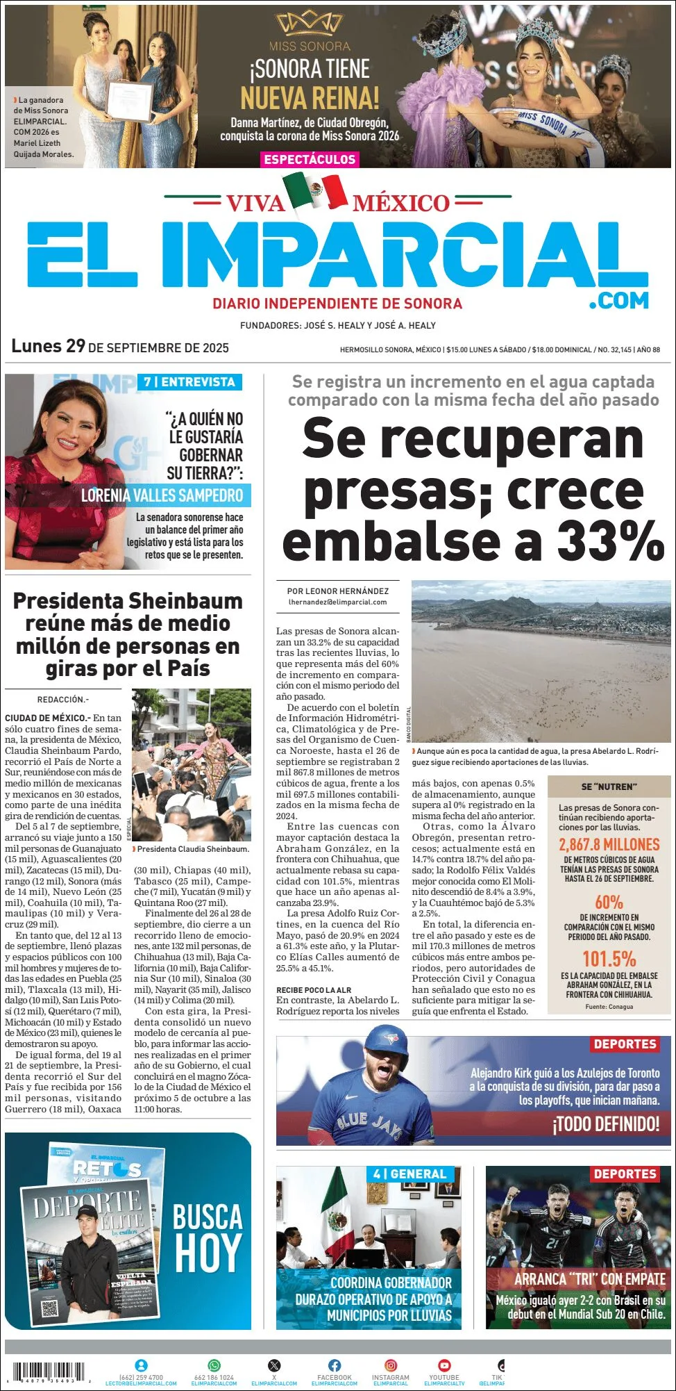 Portada de El Imparcial del lunes, 29 de septiembre de 2025
