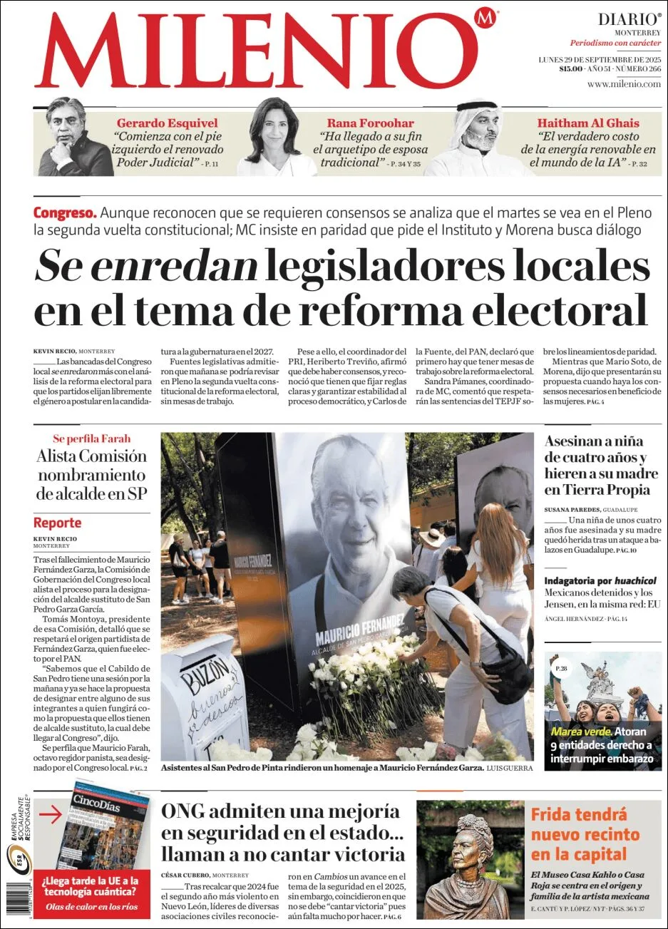 Portada de Milenio del lunes, 29 de septiembre de 2025