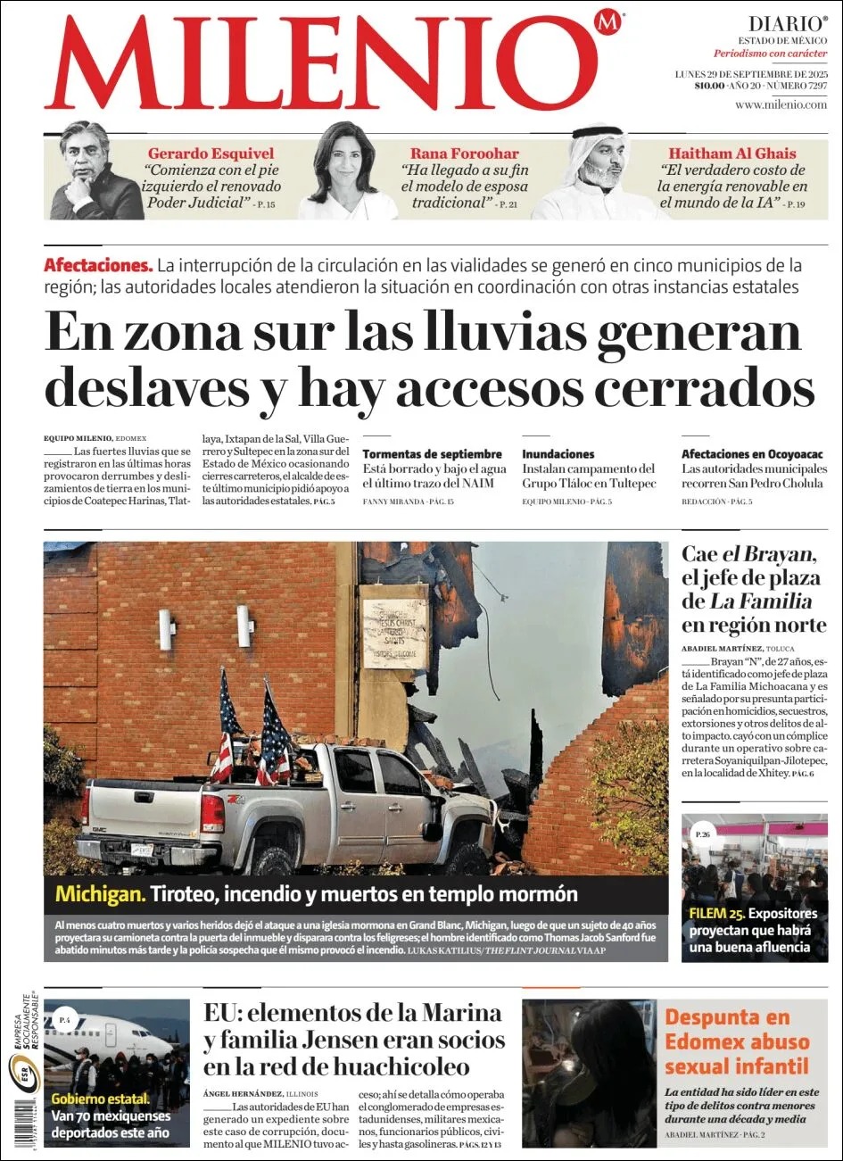 Portada de Milenio Edo de Mexico del lunes, 29 de septiembre de 2025