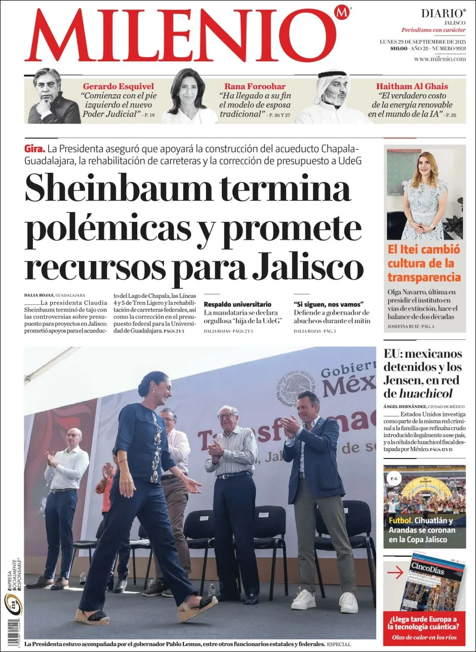 Portada de Milenio Jalisco del lunes, 29 de septiembre de 2025