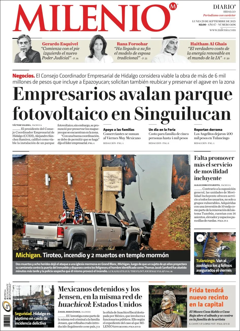 Portada de Milenio Hidalgo del lunes, 29 de septiembre de 2025