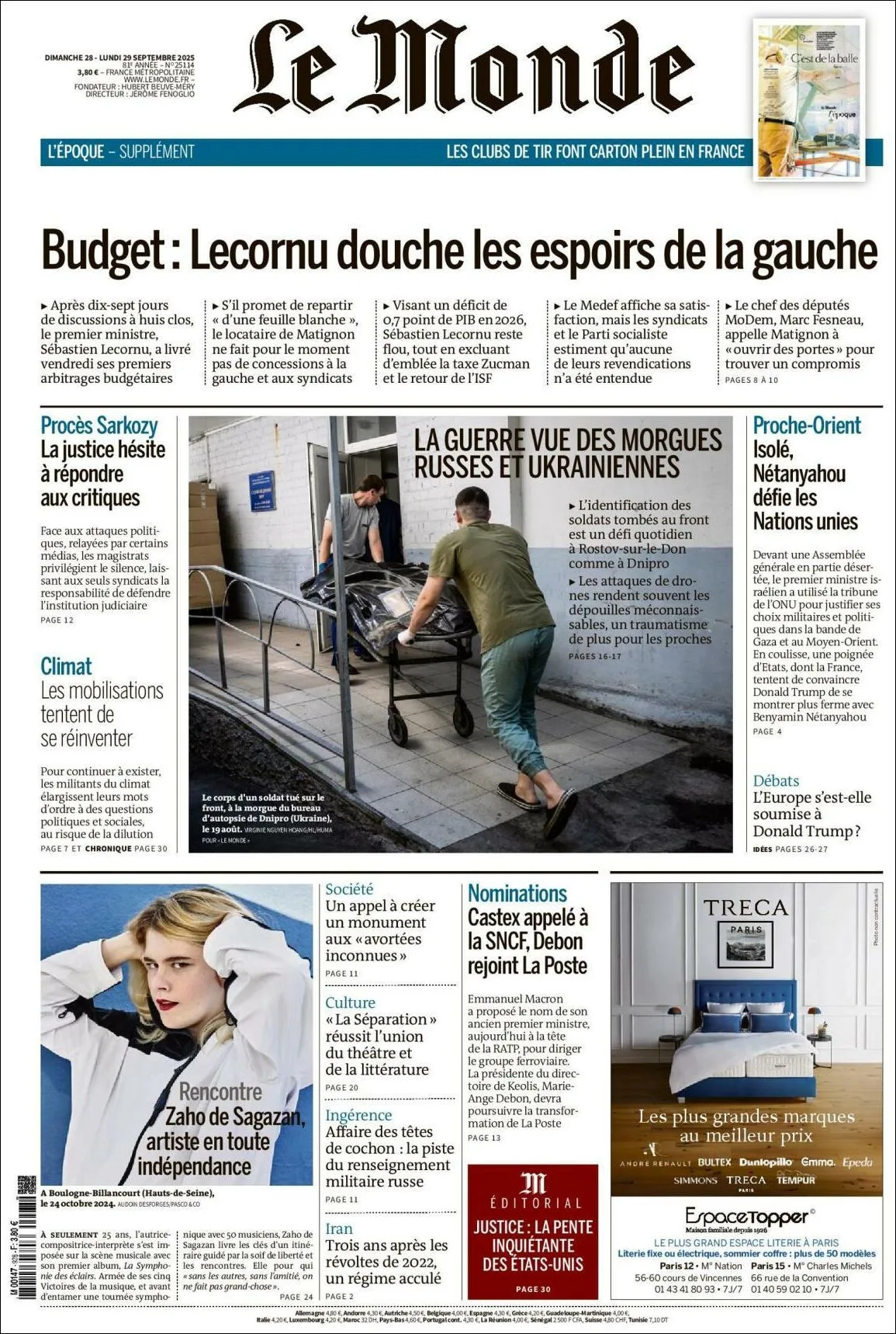 Portada de Le Monde del domingo, 28 de septiembre de 2025