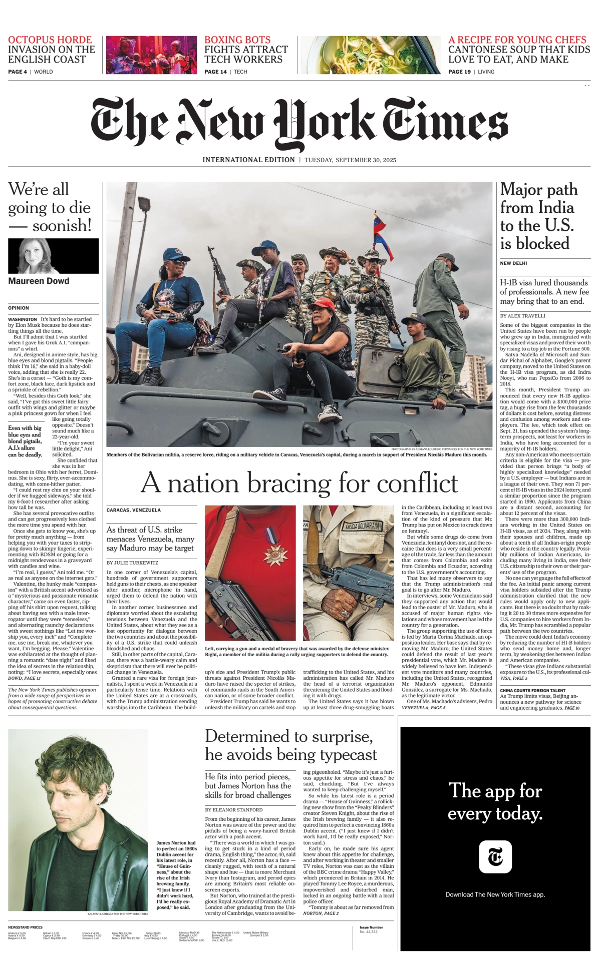 Portada de The New York Times (international) del martes, 30 de septiembre de 2025
