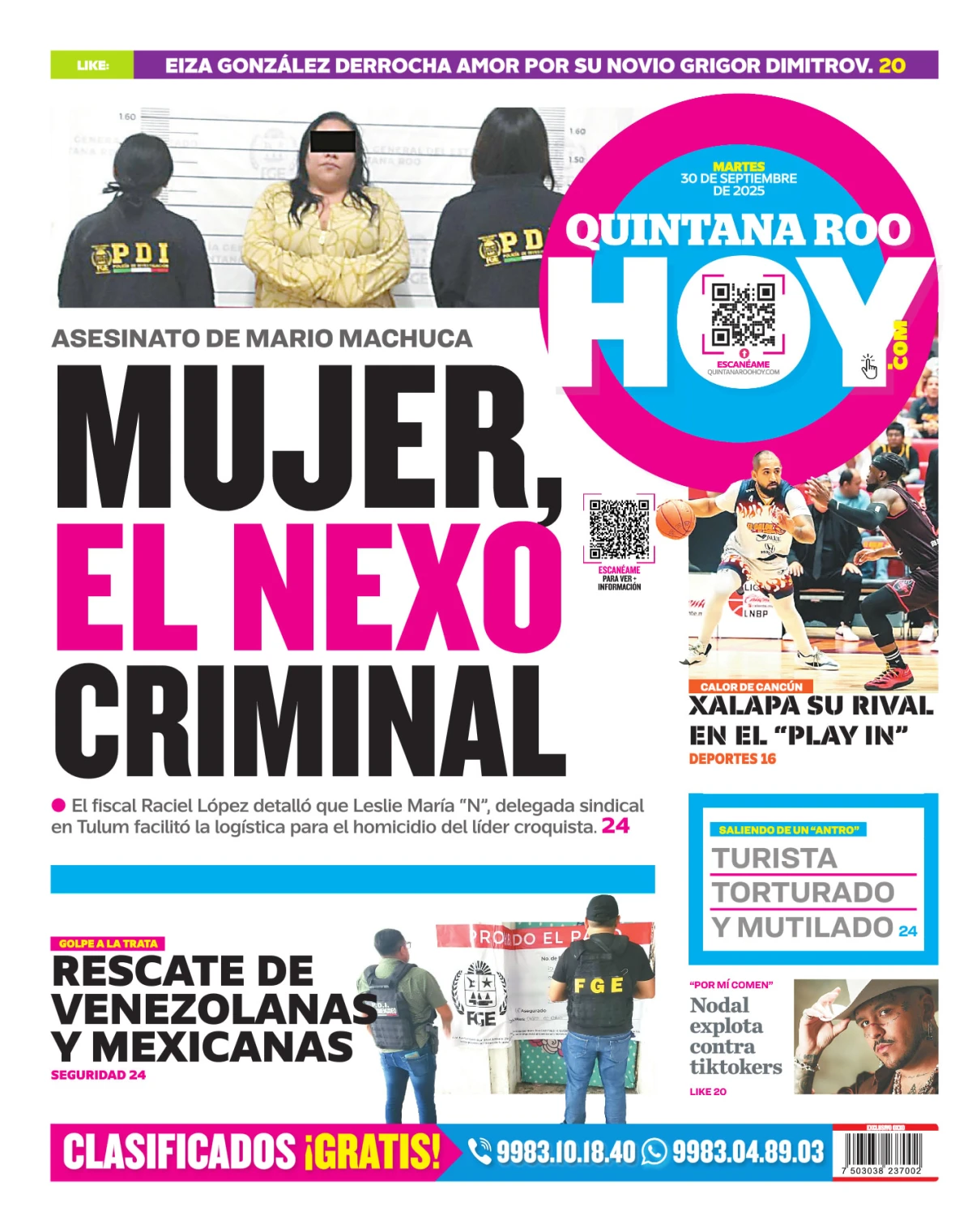 Portada de Quintana Roo Hoy (contraportada) del martes, 30 de septiembre de 2025