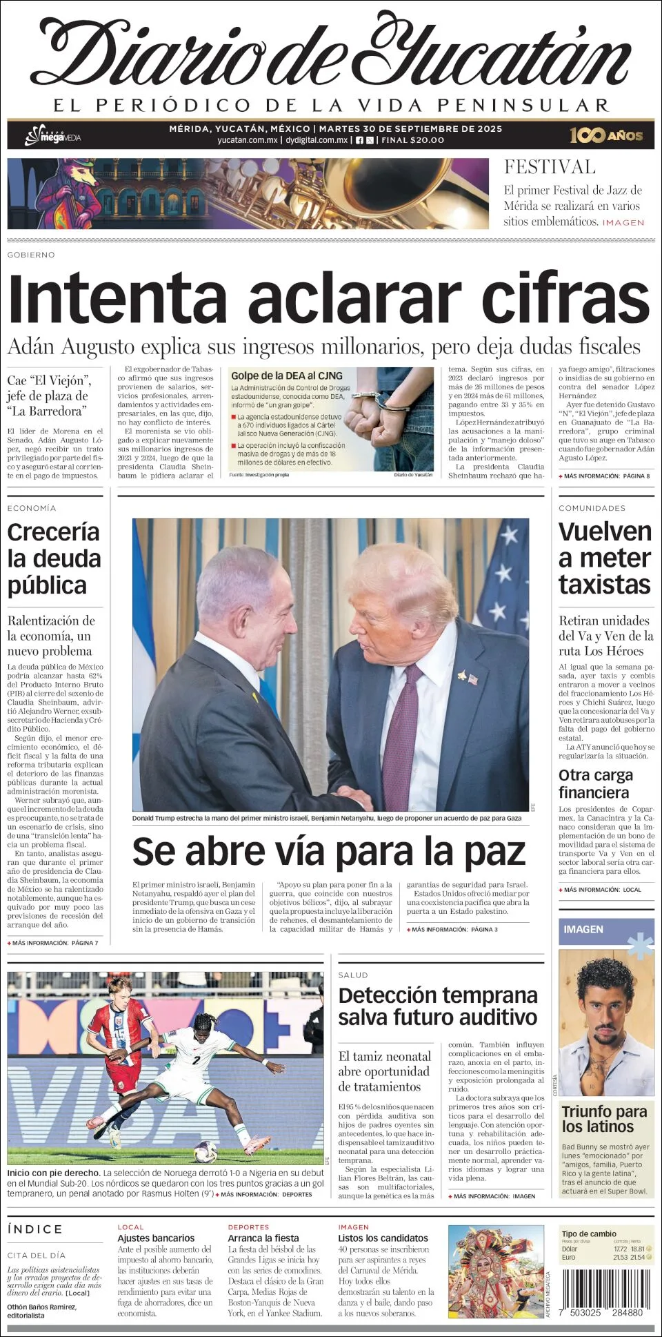 Portada de Diario de Yucatán del martes, 30 de septiembre de 2025