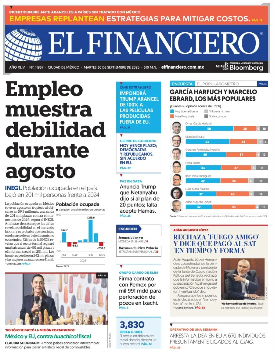 Portada de El Financiero del martes, 30 de septiembre de 2025