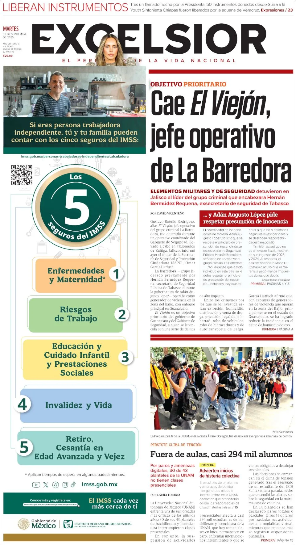 Portada de Excelsior del martes, 30 de septiembre de 2025