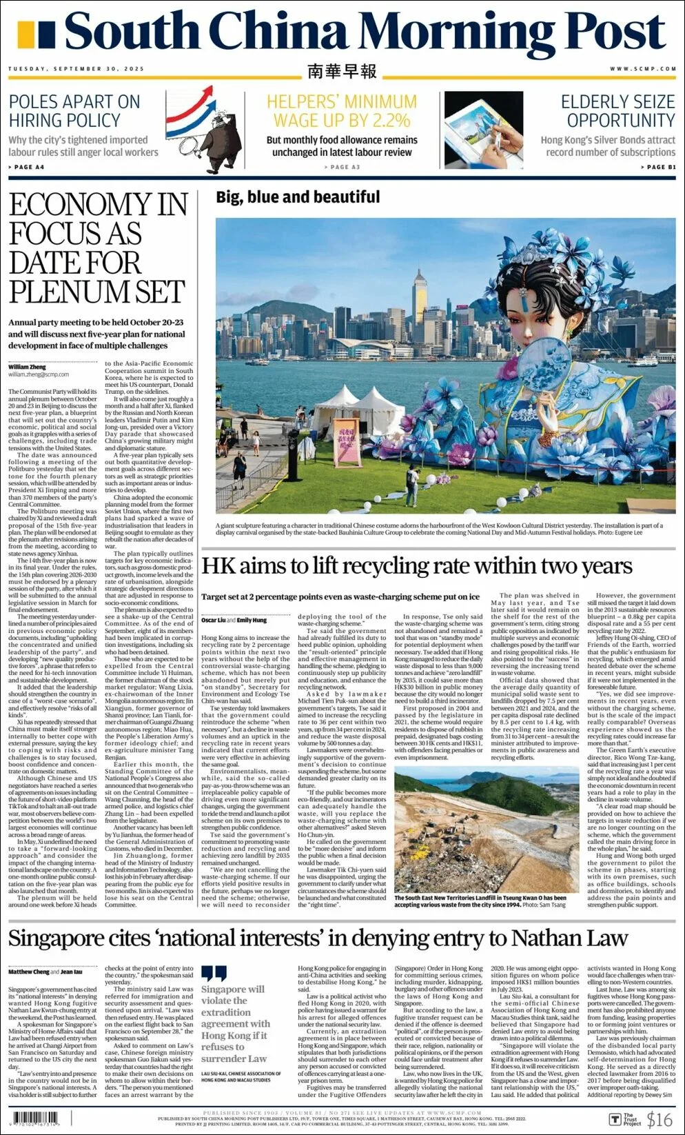 Portada de South China Morning Post del martes, 30 de septiembre de 2025