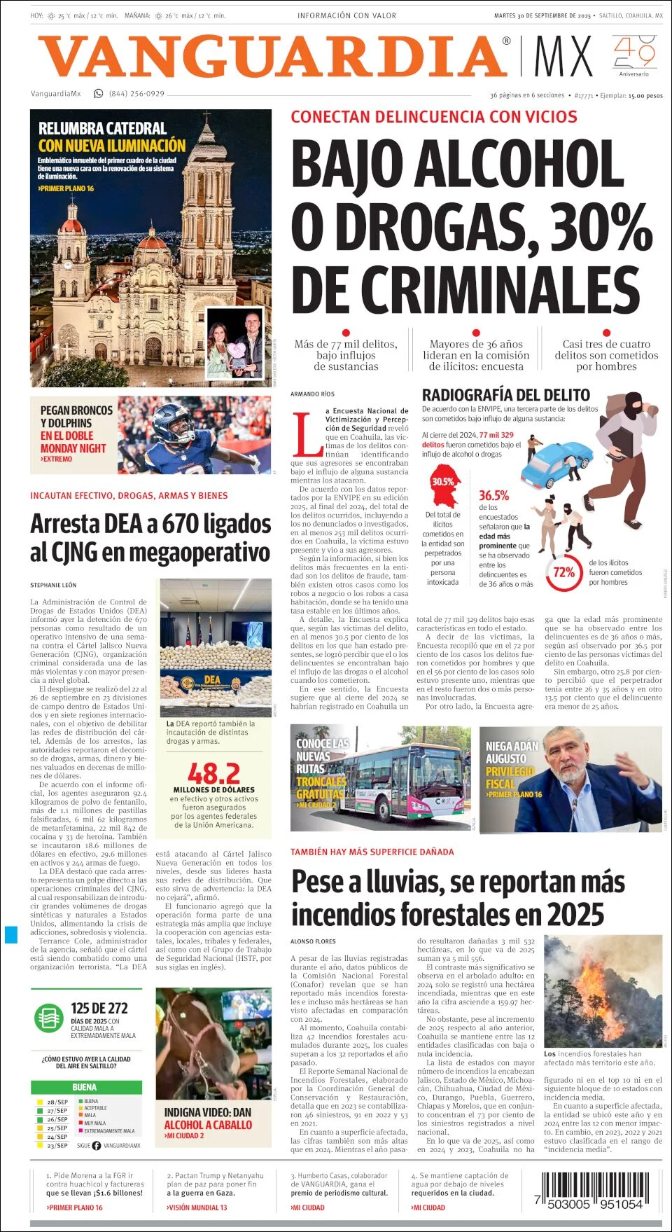 Portada de Vanguardia del martes, 30 de septiembre de 2025