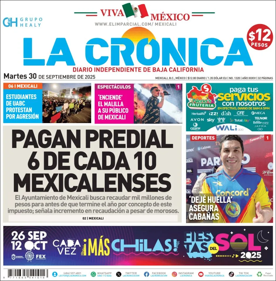 Portada de La Cronica del martes, 30 de septiembre de 2025