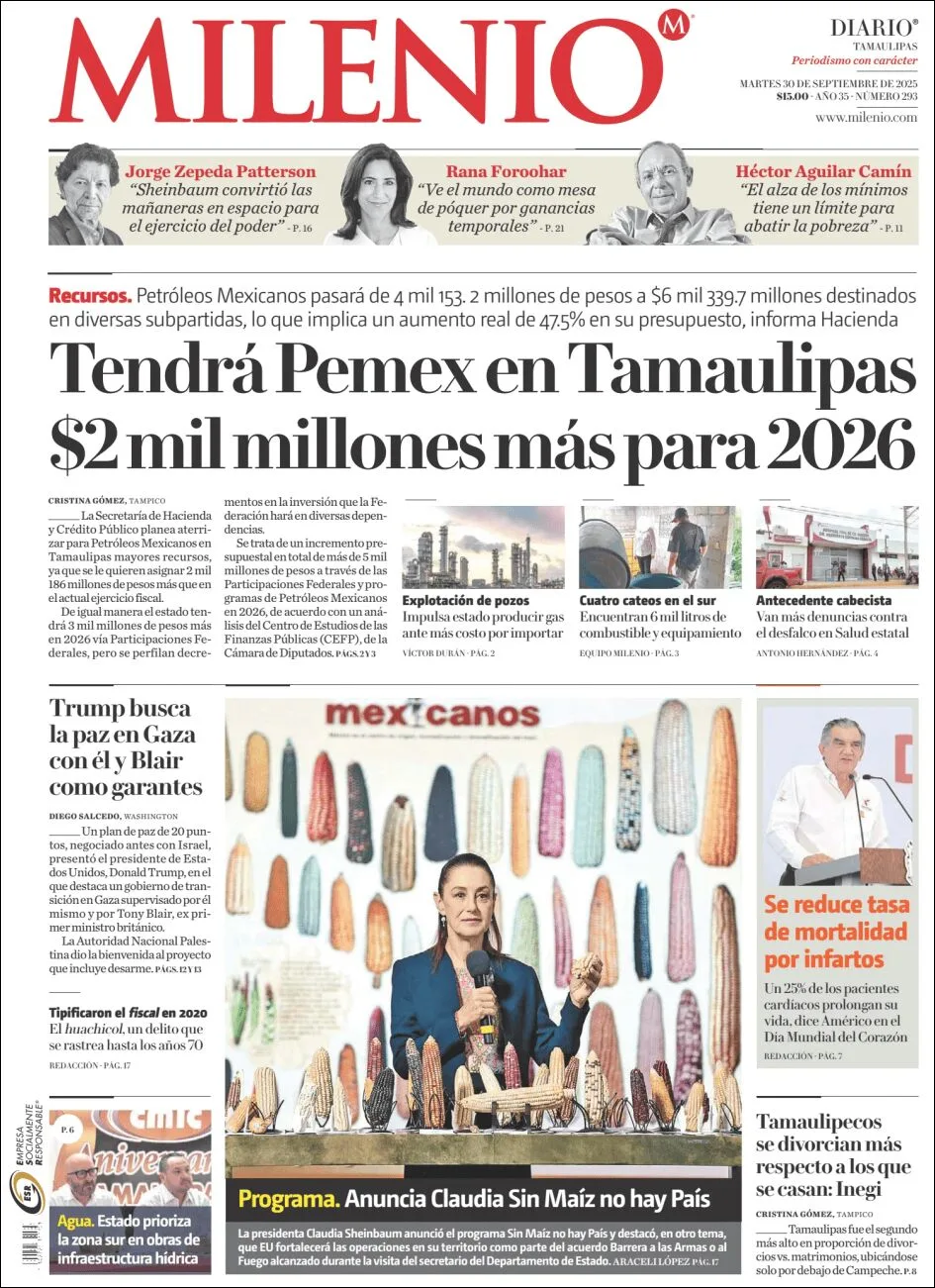 Portada de Milenio Tamaulipas del martes, 30 de septiembre de 2025