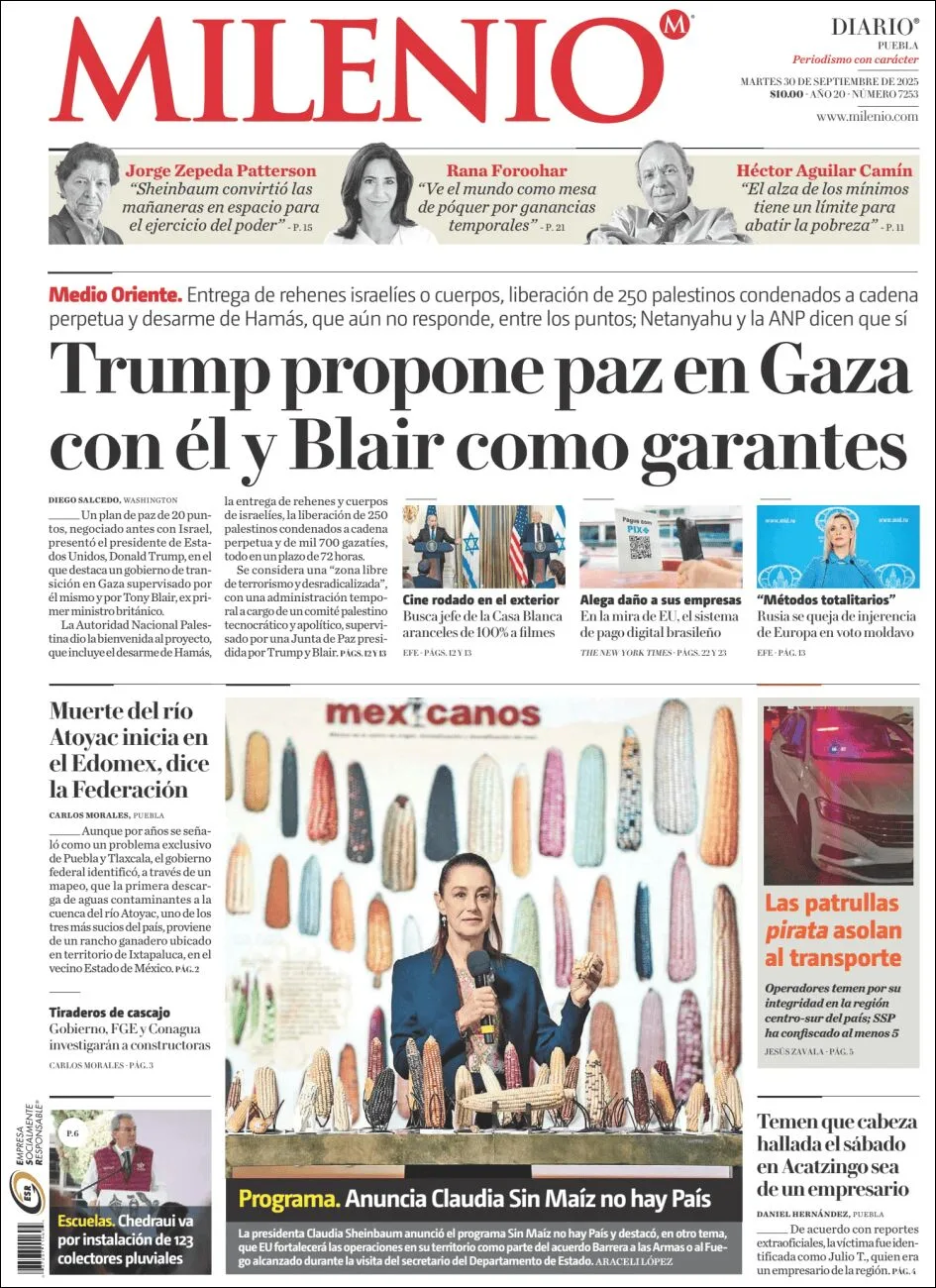 Portada de Milenio Puebla del martes, 30 de septiembre de 2025