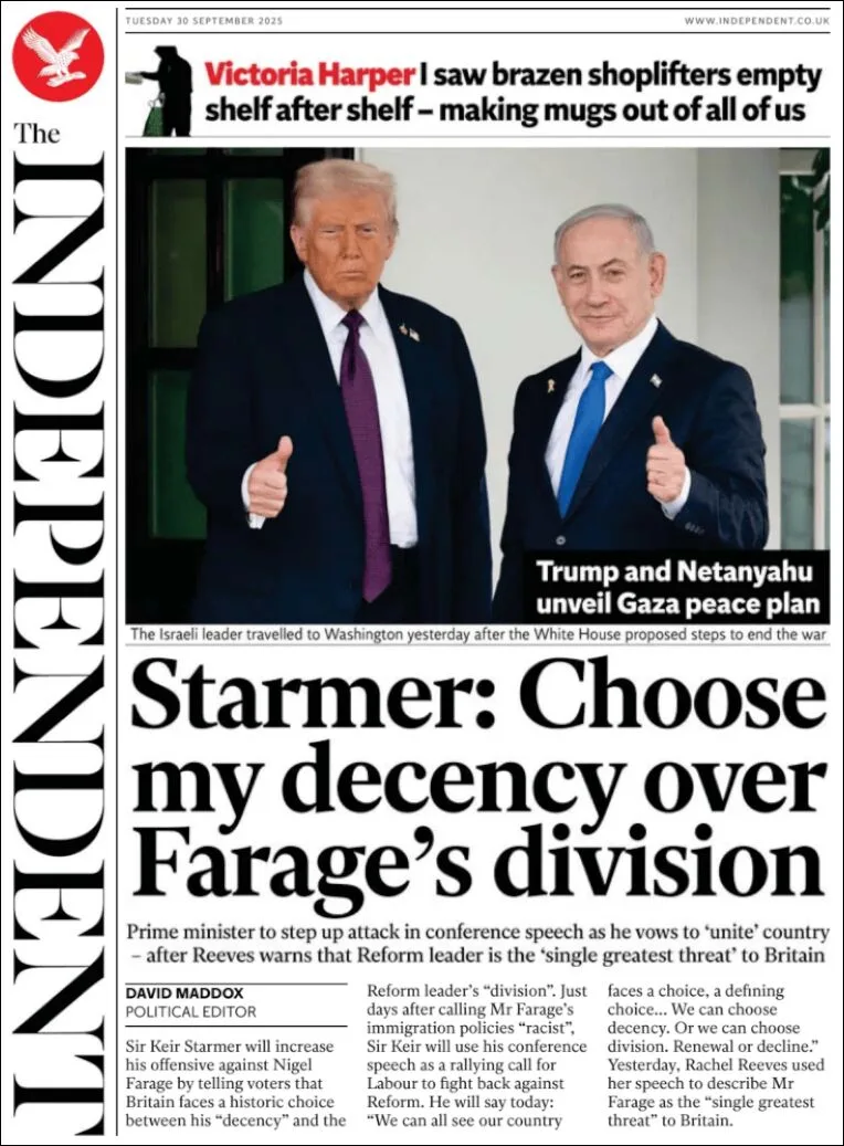 Portada de The Independent del martes, 30 de septiembre de 2025