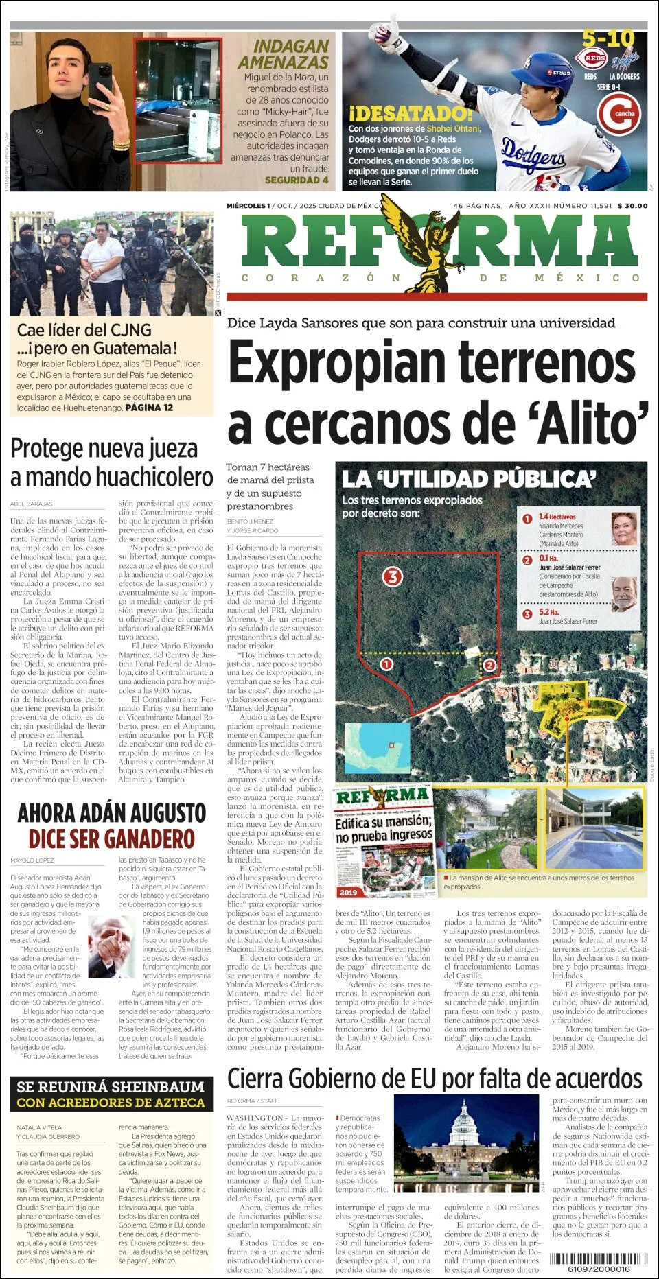 Portada de Reforma del miércoles, 1 de octubre de 2025