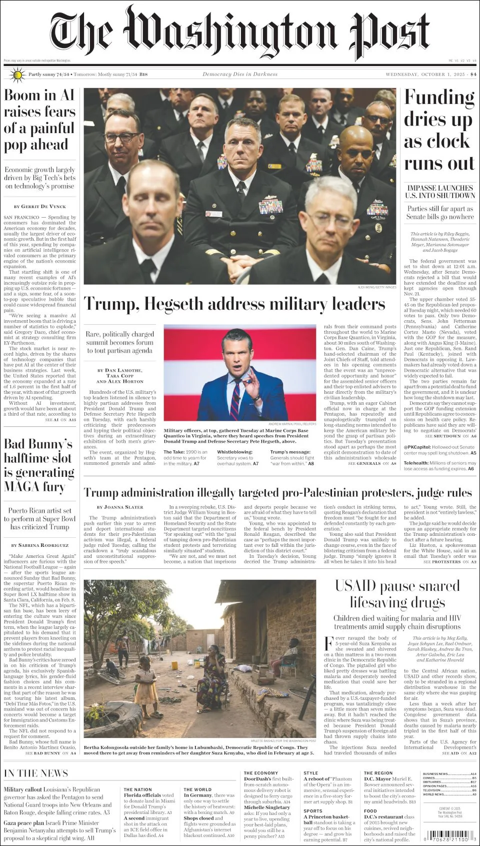 Portada de The Washington Post del miércoles, 1 de octubre de 2025