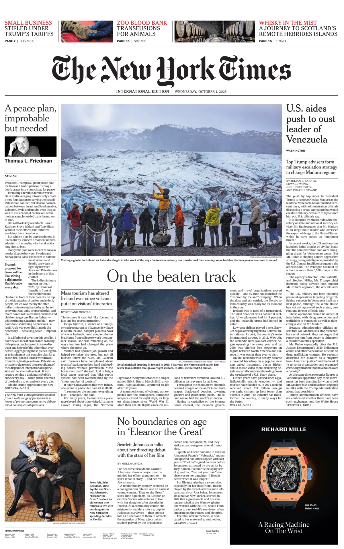 Portada de The New York Times (international) del miércoles, 1 de octubre de 2025