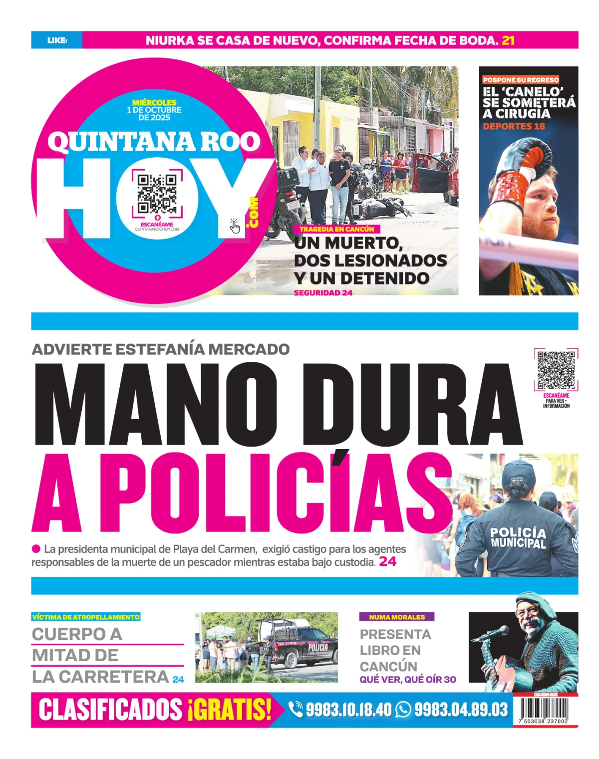Portada de Quintana Roo Hoy (contraportada) del miércoles, 1 de octubre de 2025