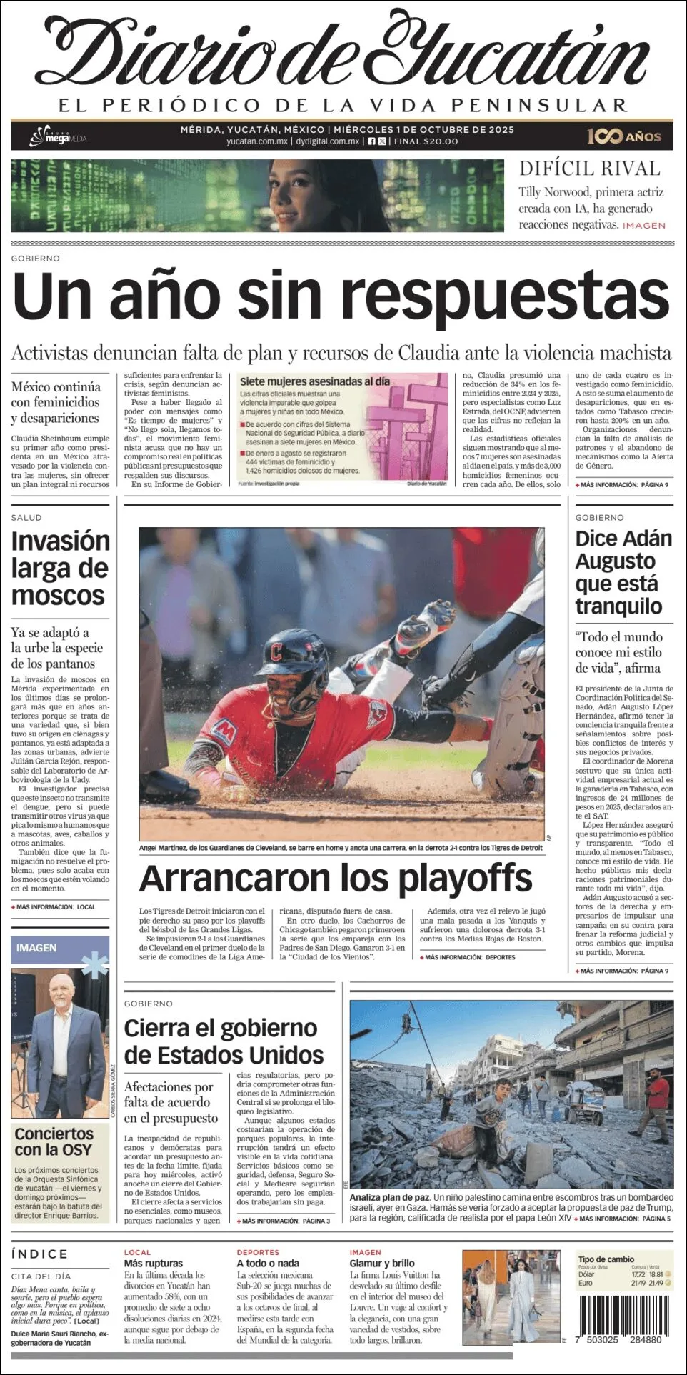 Portada de Diario de Yucatán del miércoles, 1 de octubre de 2025