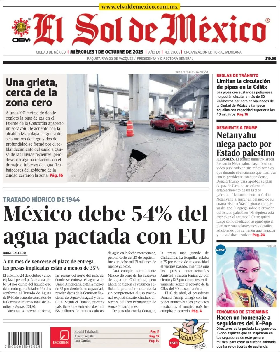 Portada de El Sol de Mexico del miércoles, 1 de octubre de 2025