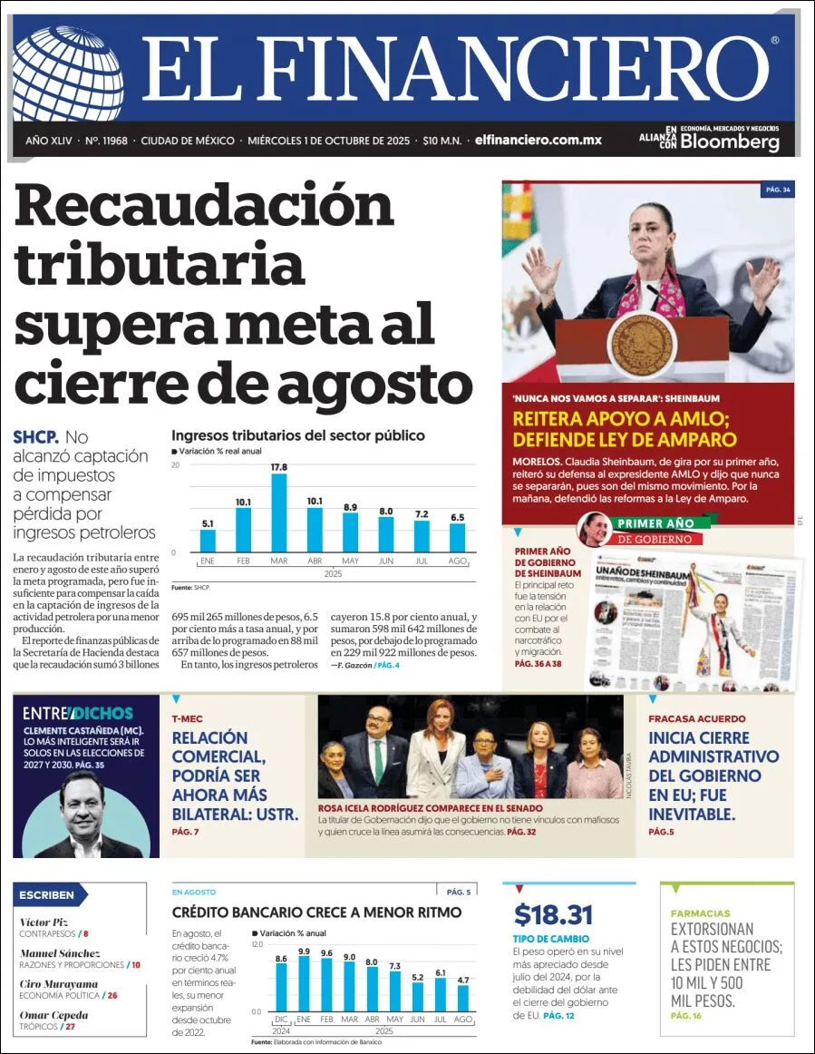 Portada de El Financiero del miércoles, 1 de octubre de 2025