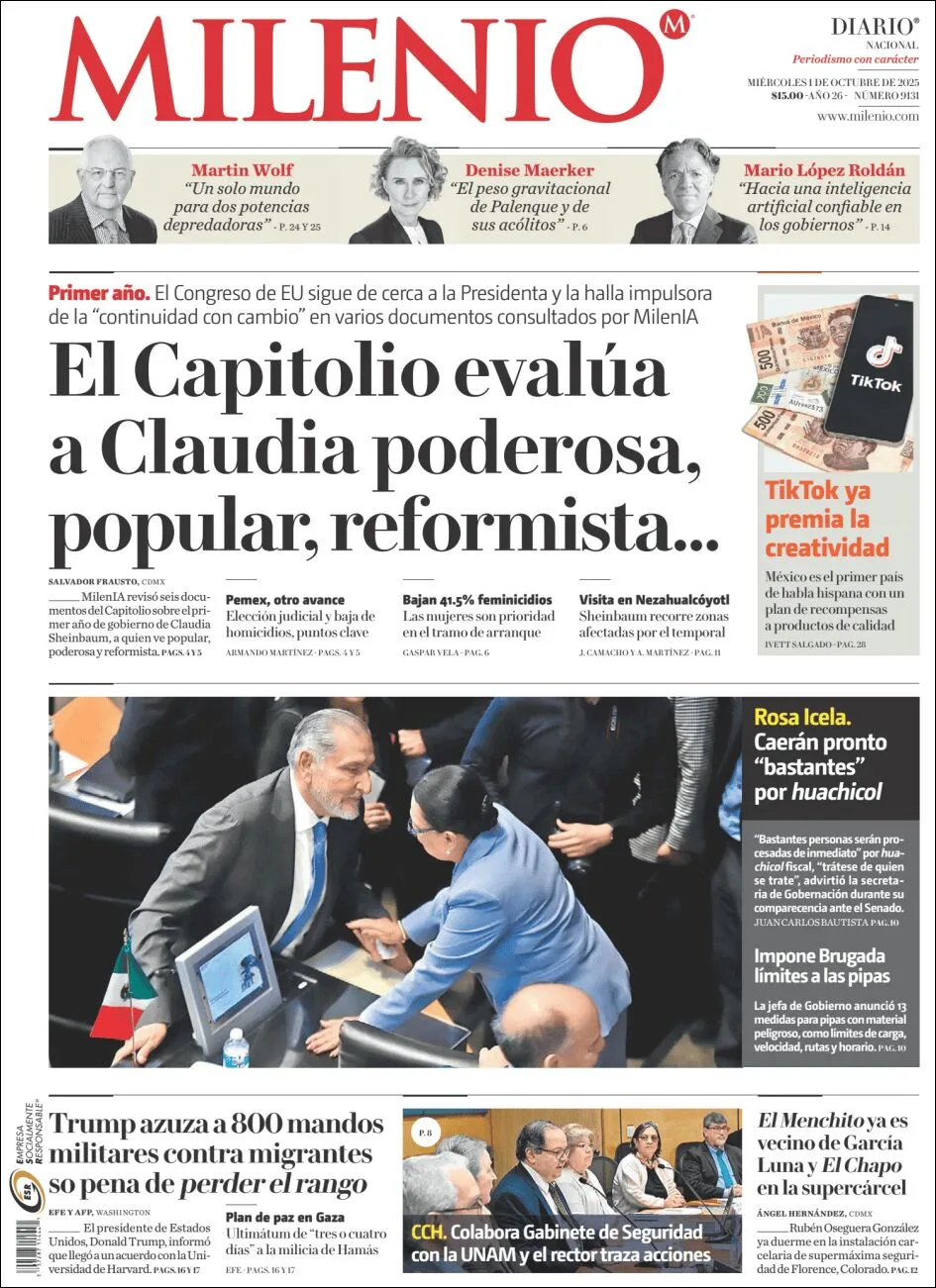 Portada de Milenio del miércoles, 1 de octubre de 2025
