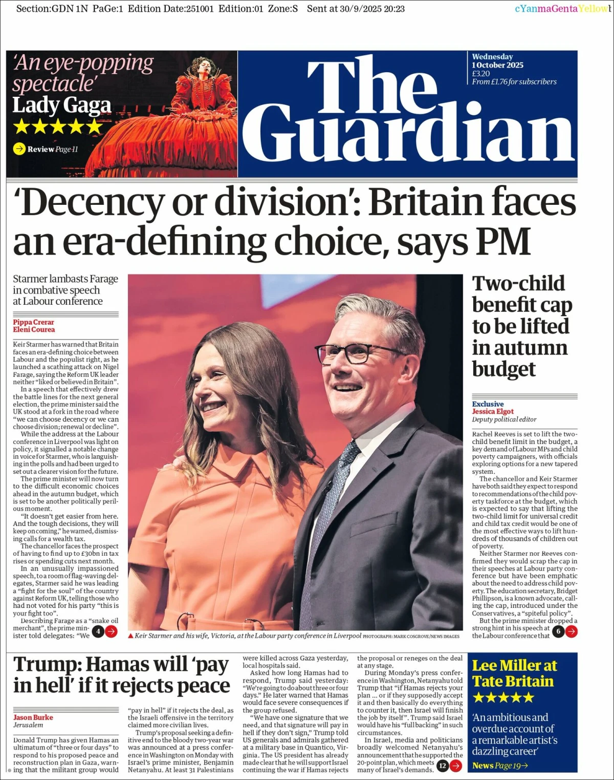Portada de The Guardian (reino Unido) del miércoles, 1 de octubre de 2025