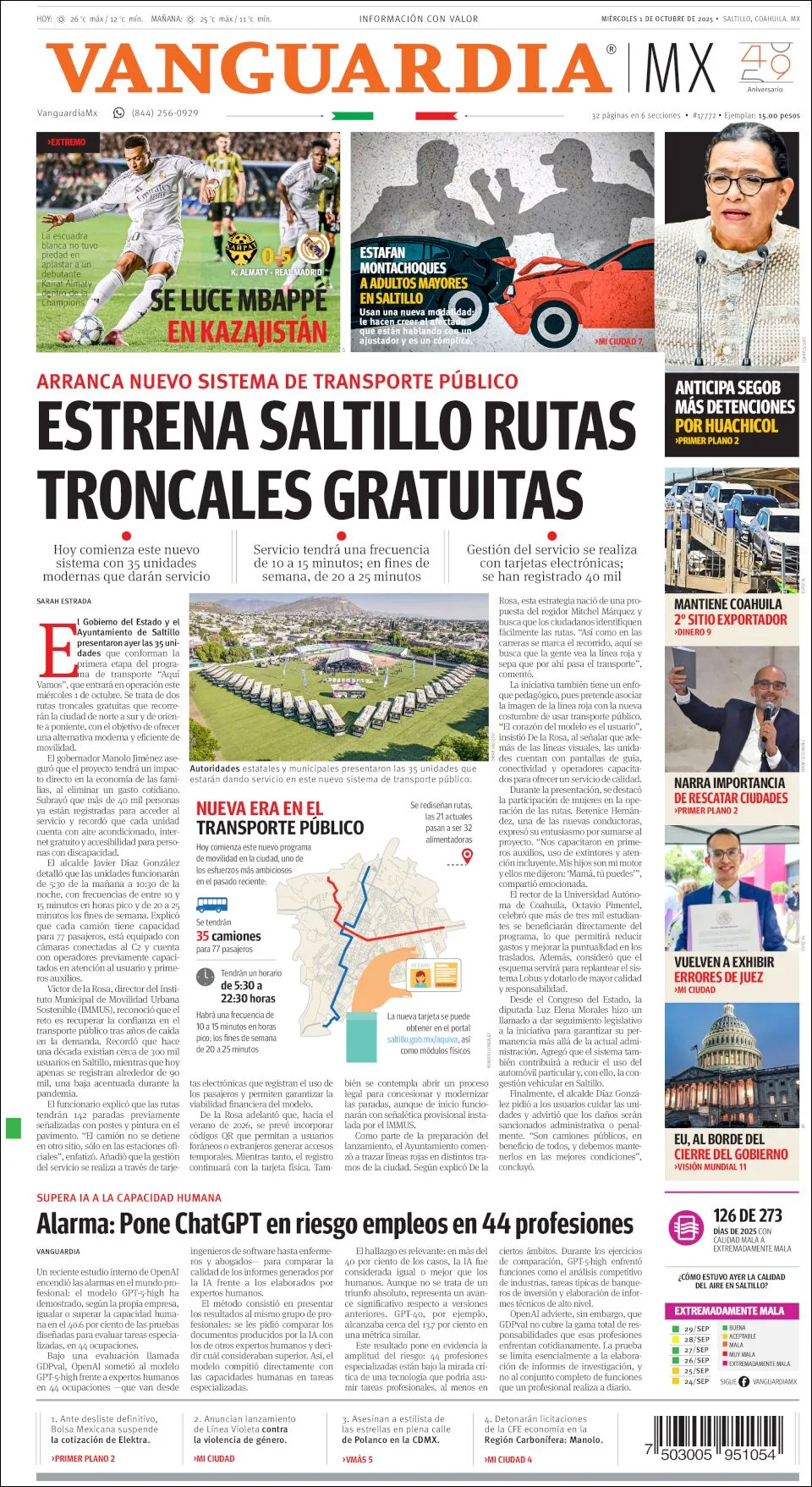Portada de Vanguardia del miércoles, 1 de octubre de 2025