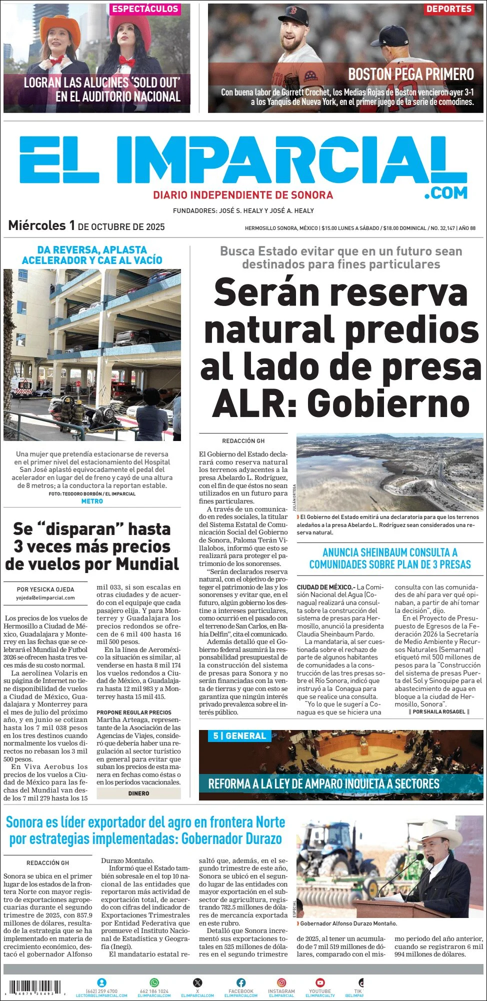 Portada de El Imparcial del miércoles, 1 de octubre de 2025