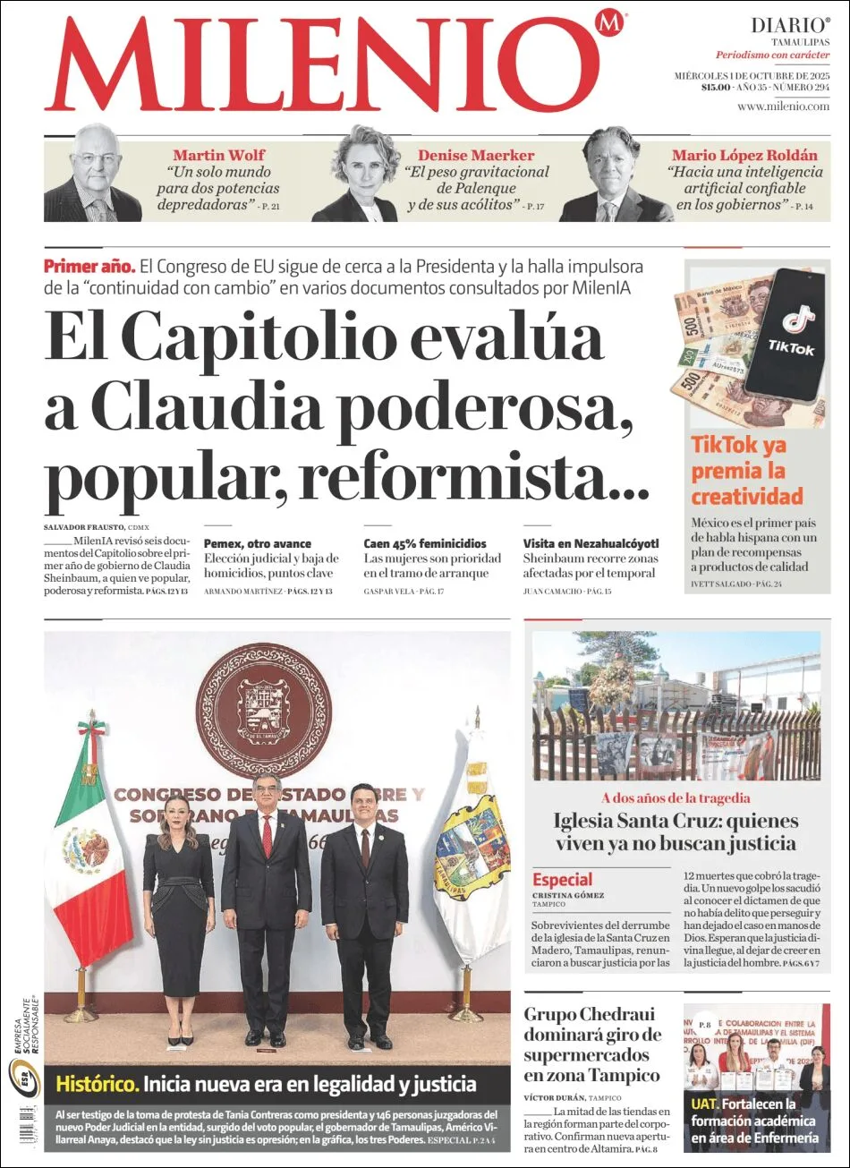 Portada de Milenio Tamaulipas del miércoles, 1 de octubre de 2025