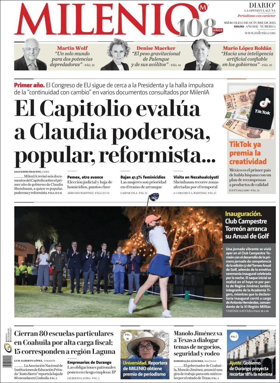 Portada de Milenio Laguna del miércoles, 1 de octubre de 2025